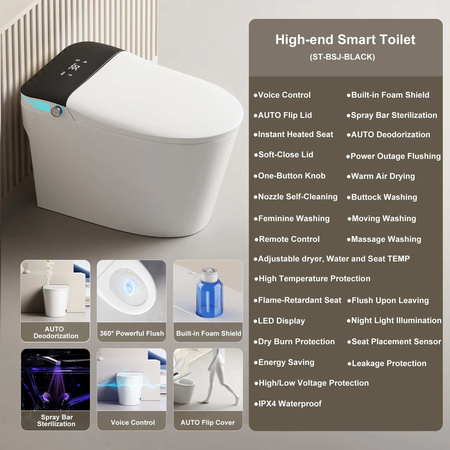 Elongated Smart Toilet With Built In Bidet Warm Water And Dryer Voice Control