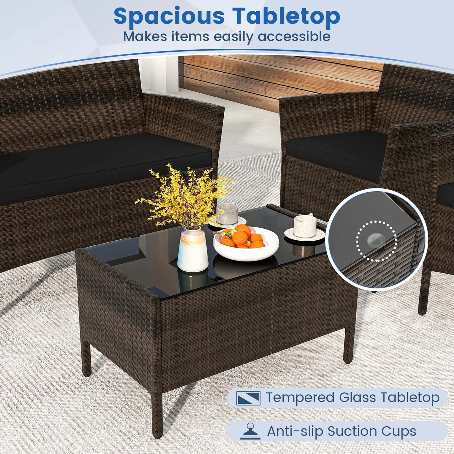 HOMASIS Rattan Furniture Set With Washable Cushions And Tempered Glass Table
