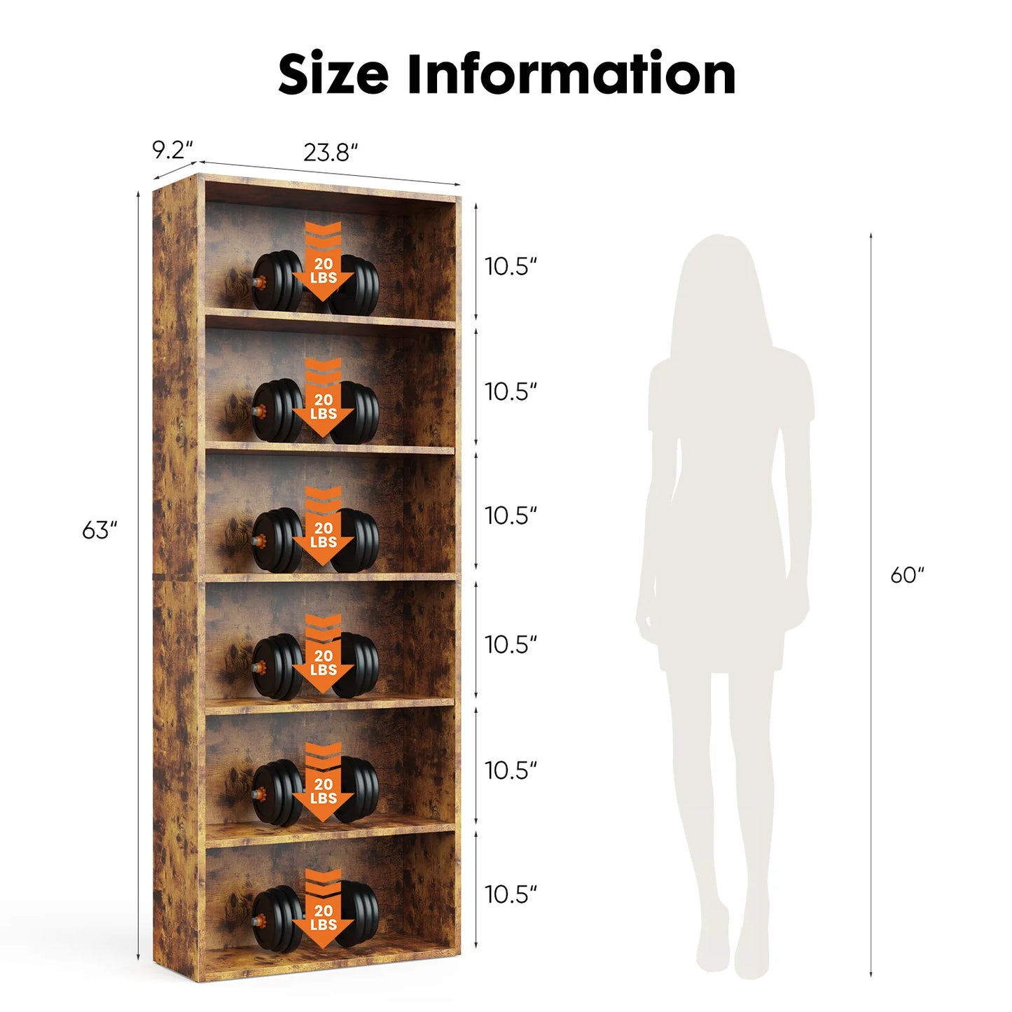JHK Six Tier Wooden Bookshelf Floor Standing Bookcase