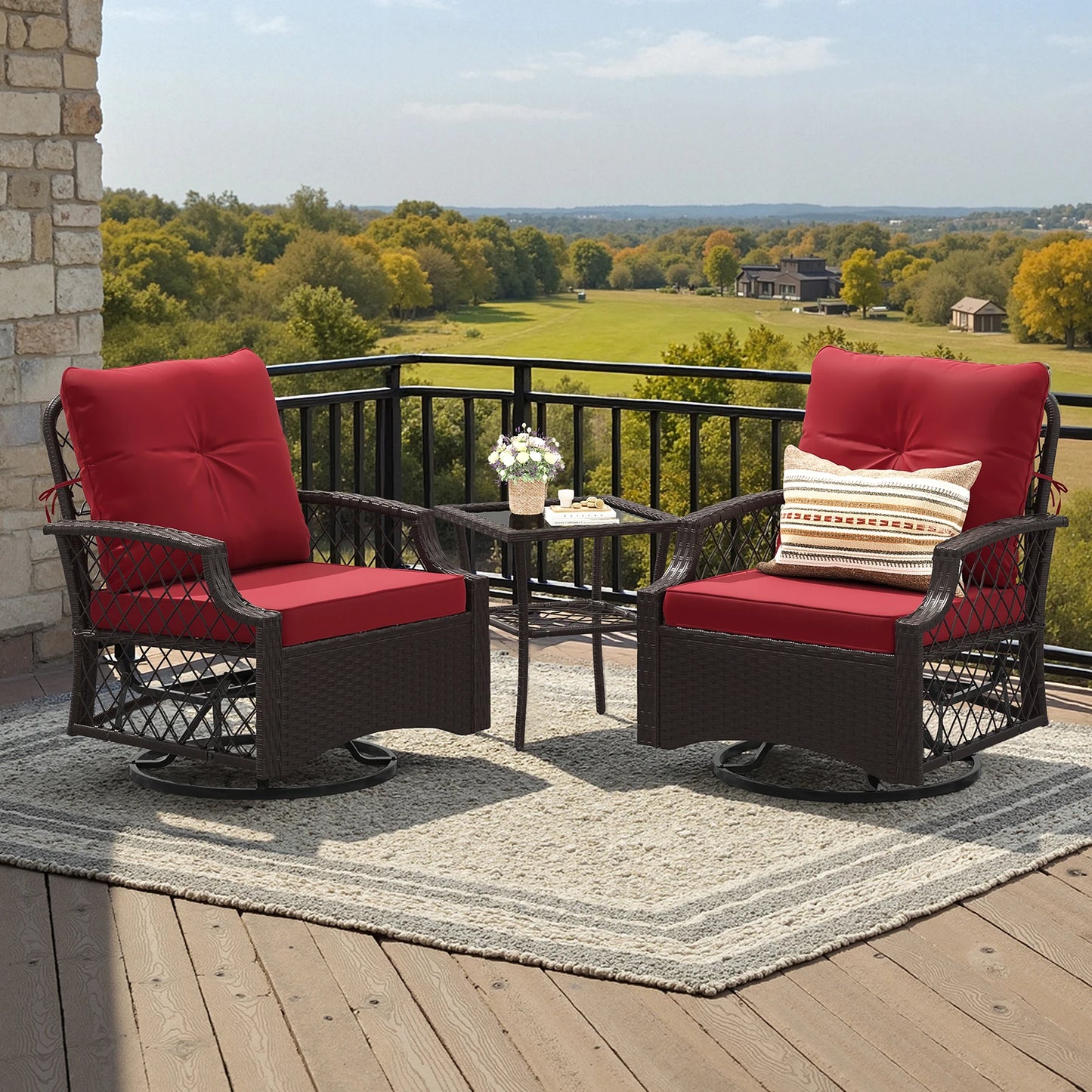 Three Piece Swivel Patio Bistro Set With Cushions Outdoor All Weather Rattan