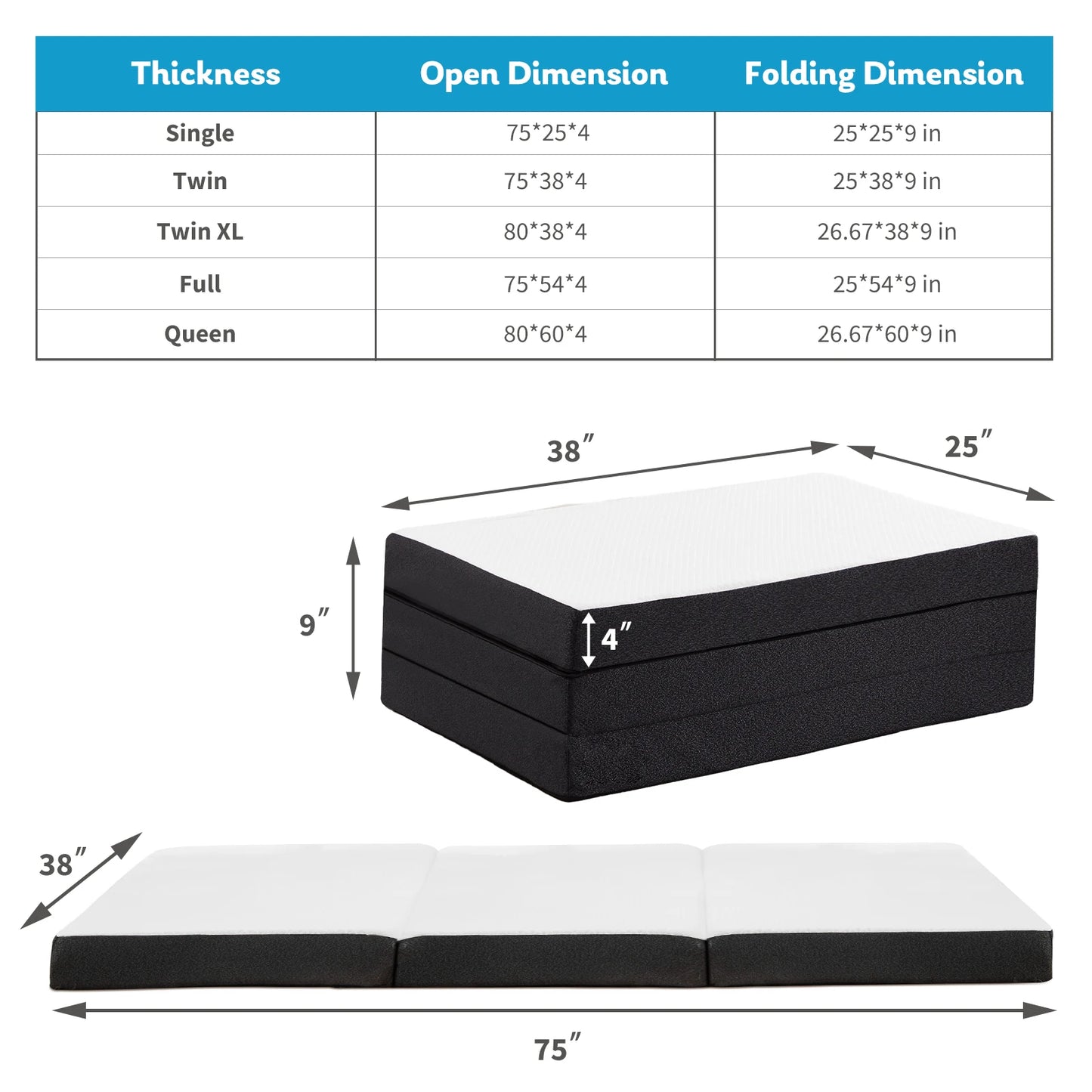 JHK Tri-Fold Memory Foam Mattress With Collapsible Washable Cover Portable Bed