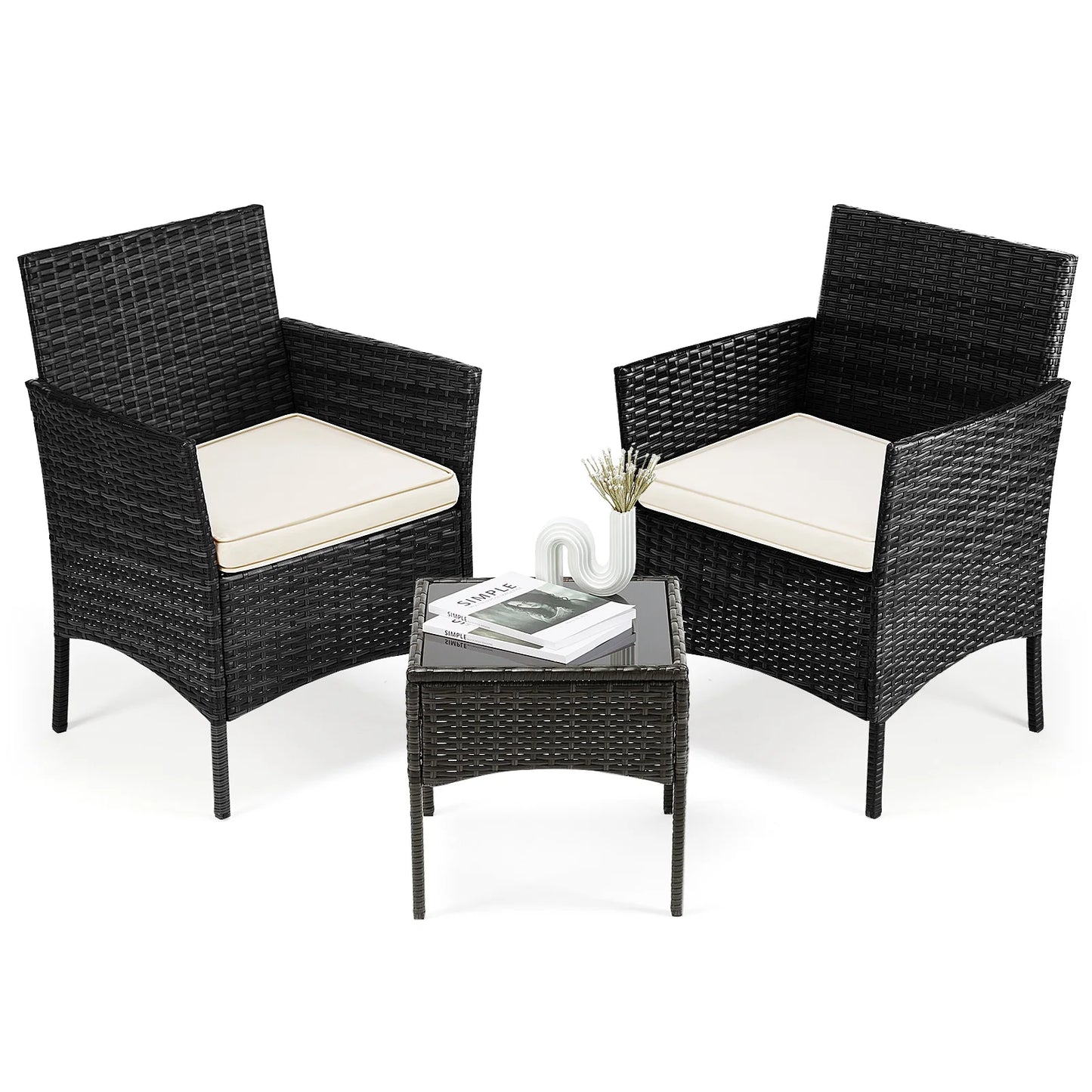 JHK Patio 3 Piece Wicker Furniture Set With Glass Table