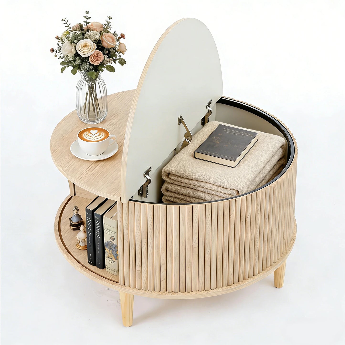 JHK Round Coffee Table With Flip Top Storage And Cabinet