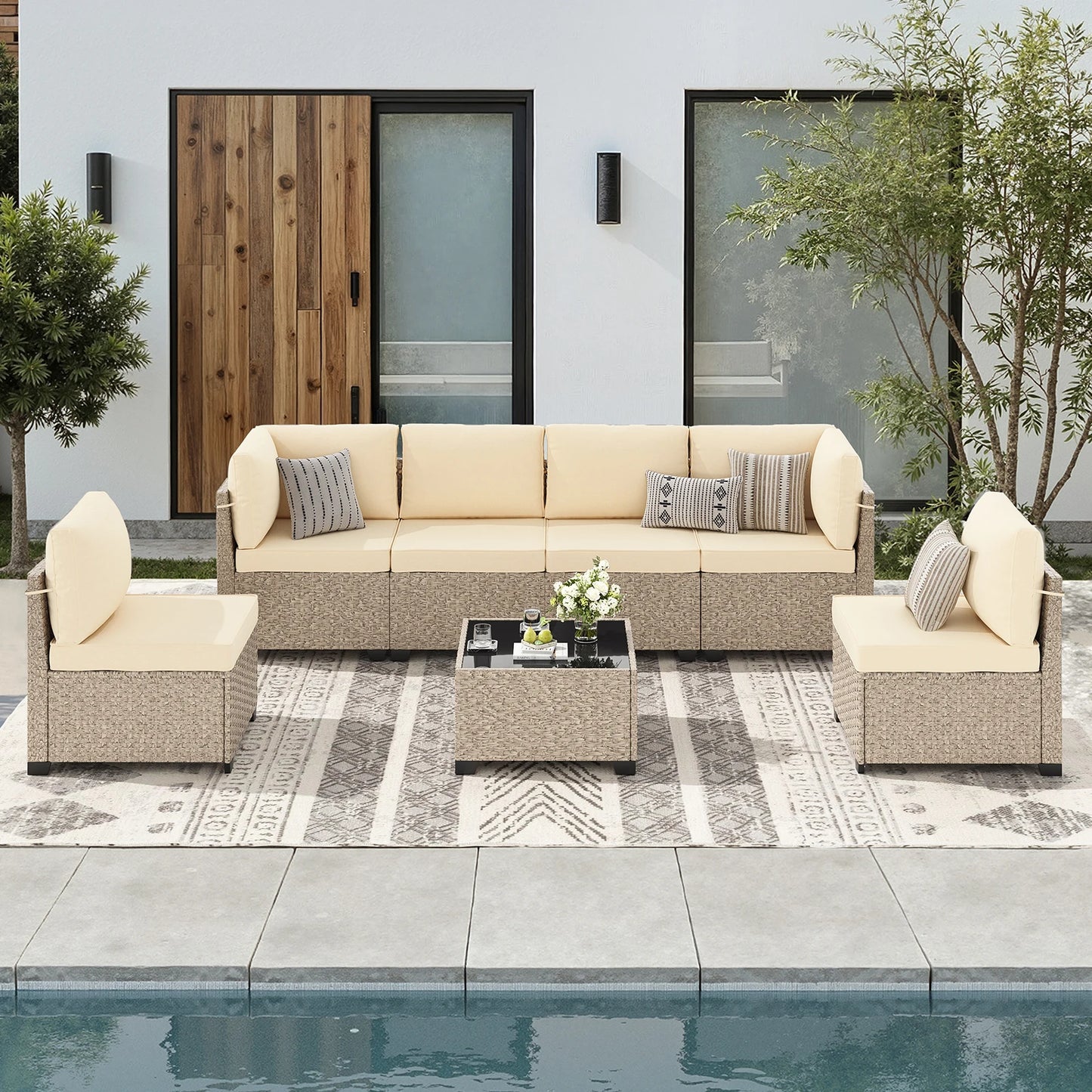 Outdoor 7-Piece Rattan Patio Furniture Set With Tempered Glass Table