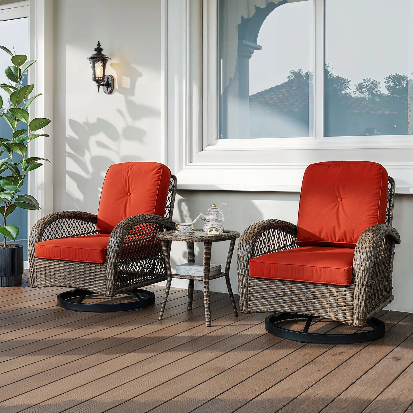 Outdoor 3 Piece Patio Bistro Set With Cushioned Rocking Chairs