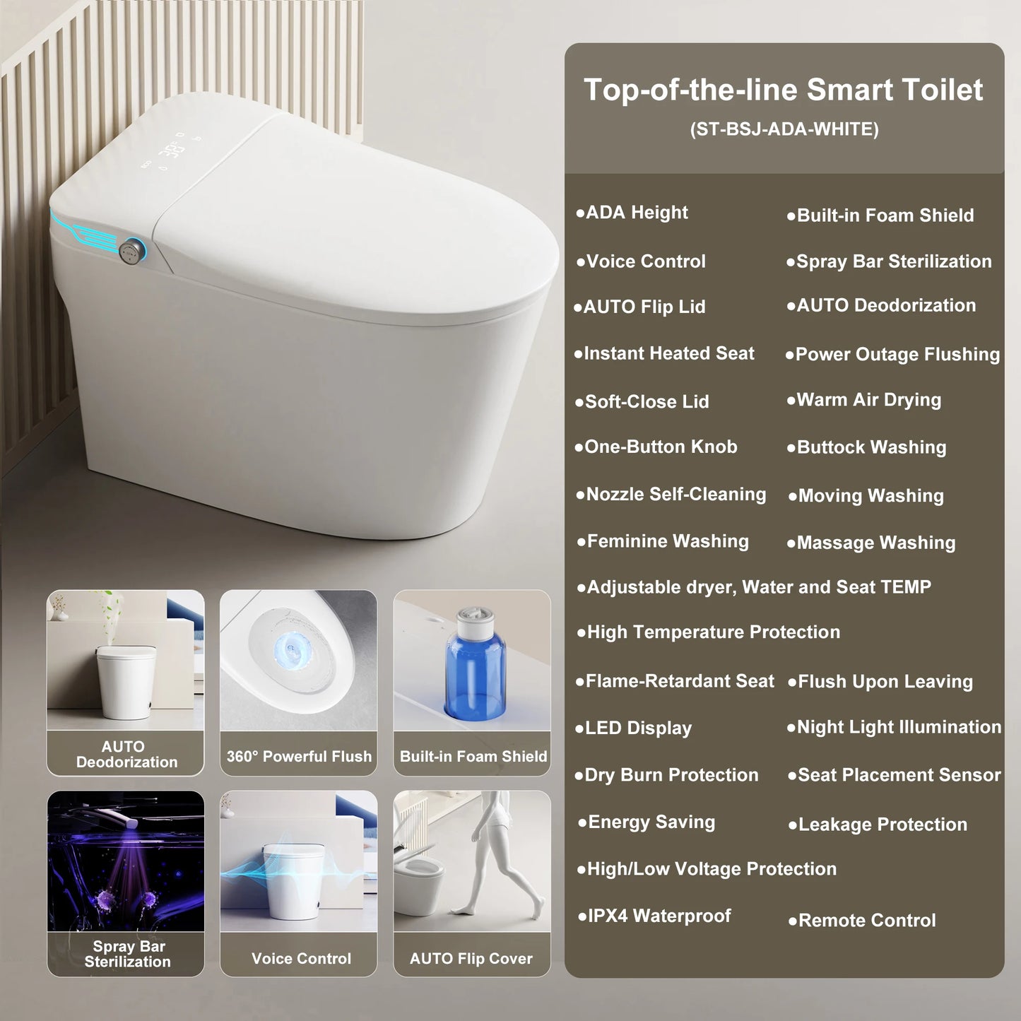 Elongated Smart Toilet With Built In Bidet Warm Water And Dryer Voice Control
