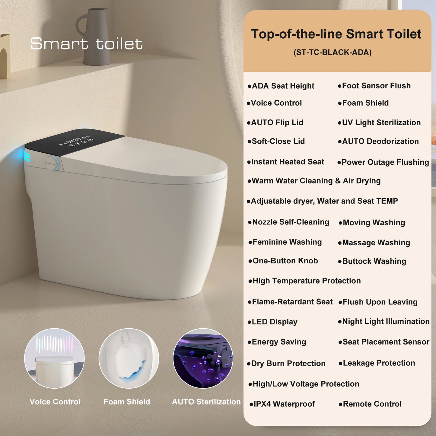 Smart Toilet With BuiltIn Bidet Auto Open Close Dual Flush Heated Seat