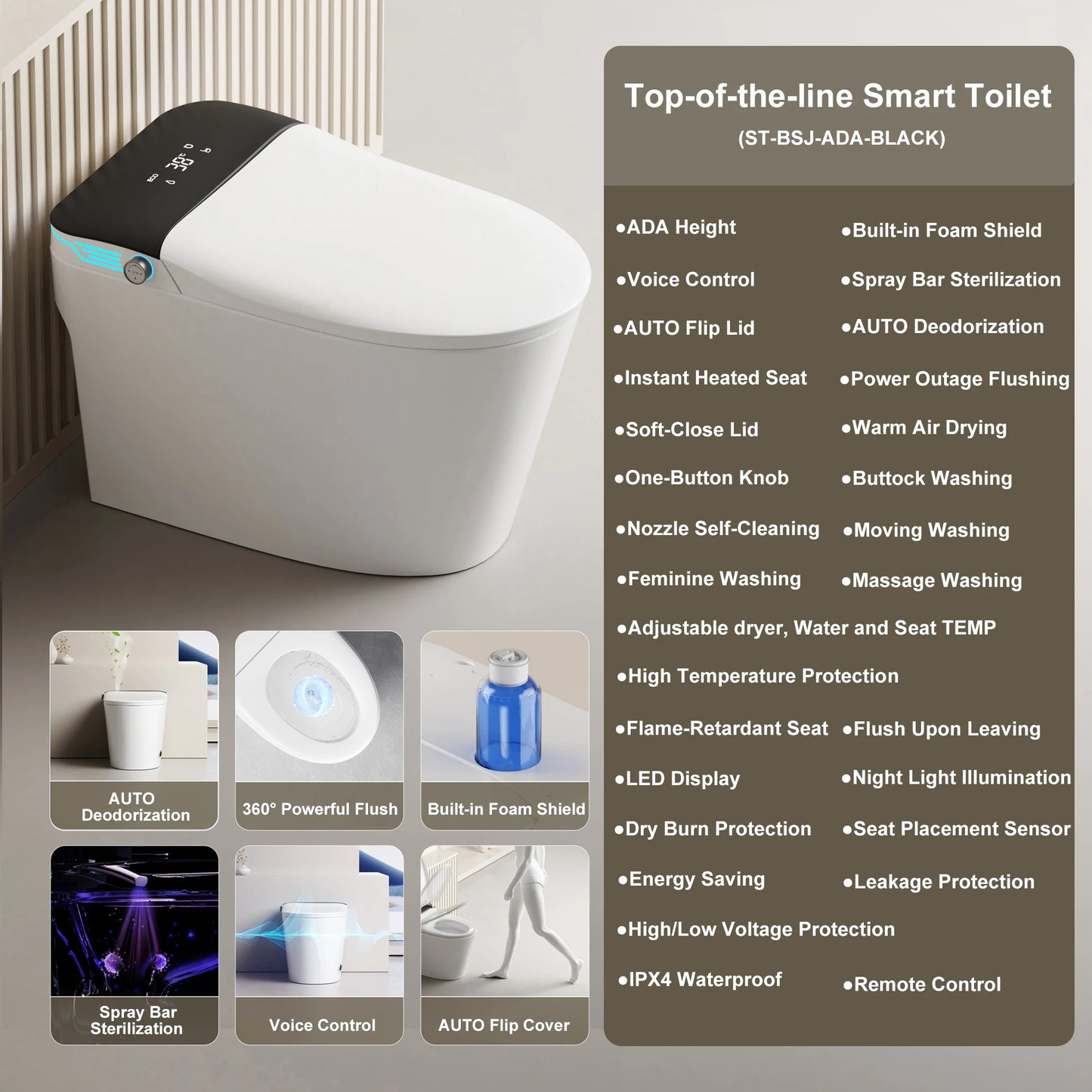 Elongated Smart Toilet With Built In Bidet Warm Water And Dryer Voice Control