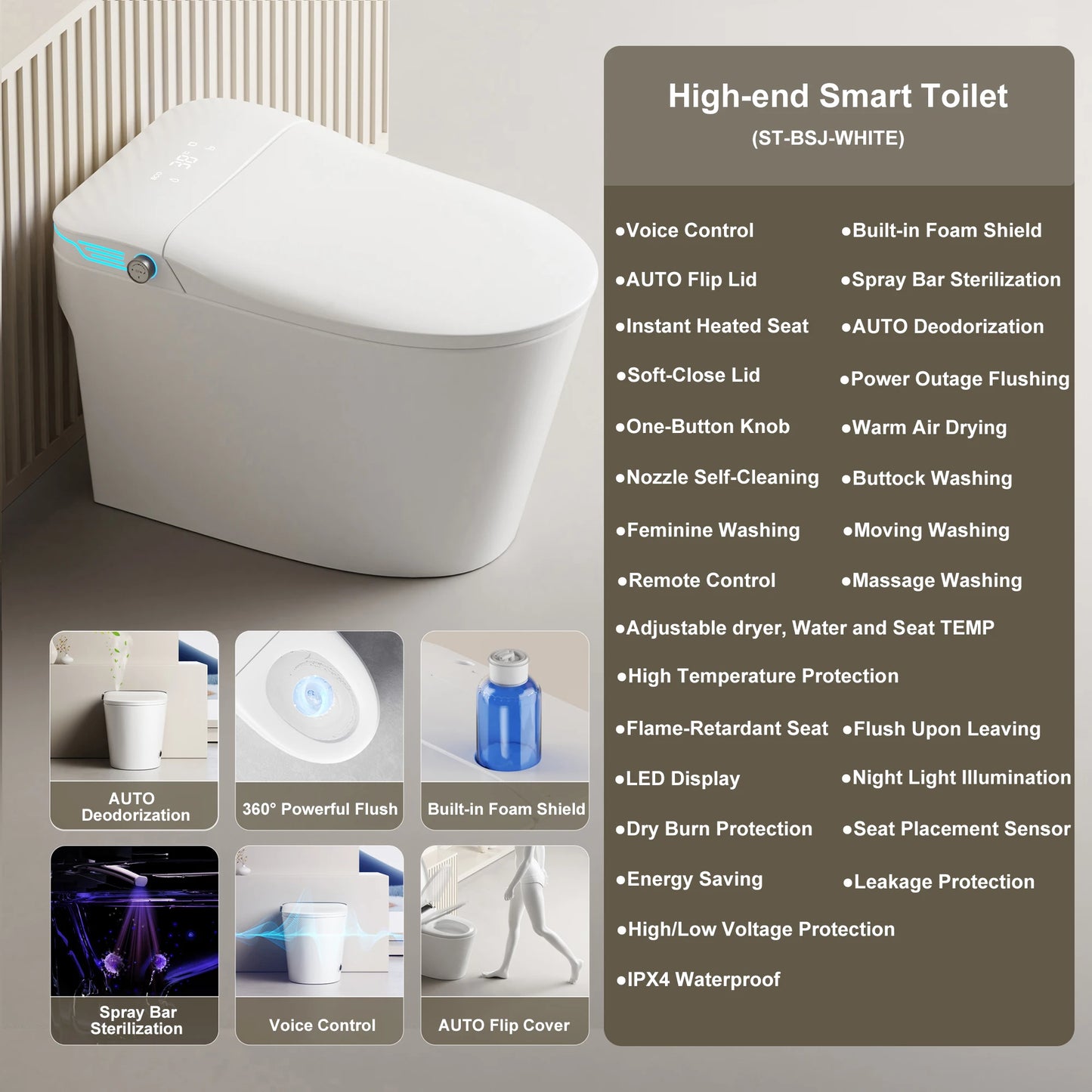 Elongated Smart Toilet With Built In Bidet Warm Water And Dryer Voice Control
