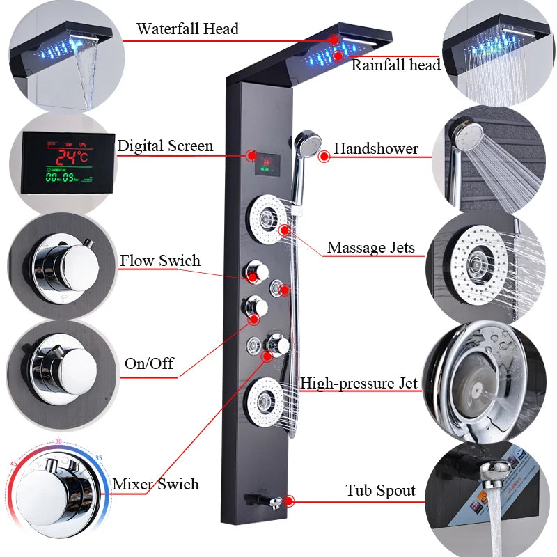 Uythner LED Shower Panel System With Temperature Display Mixer Tap