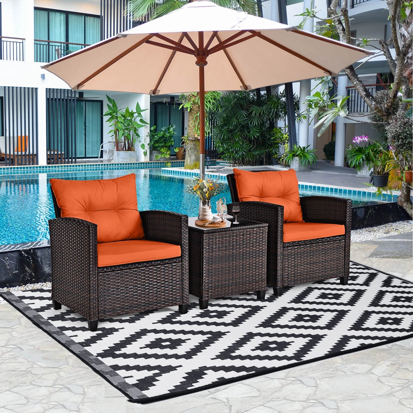 HOMASIS 3 Piece Patio Rattan Cushioned Conversation Set Sofa