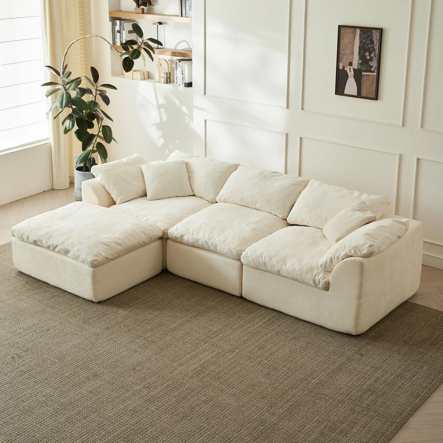 Yeflixvrau Modern Cloud L Shaped Chenille Fabric Sofa Sectional Ottoman