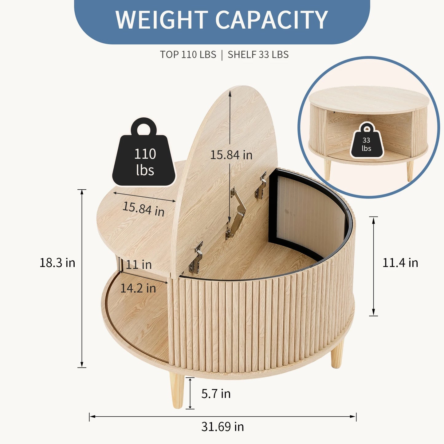 JHK Round Coffee Table With Flip Top Storage And Cabinet