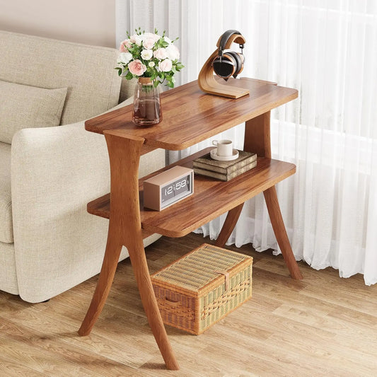 LITTLE TREE Two Tier Side Table For Living Room With Solid Wood Legs