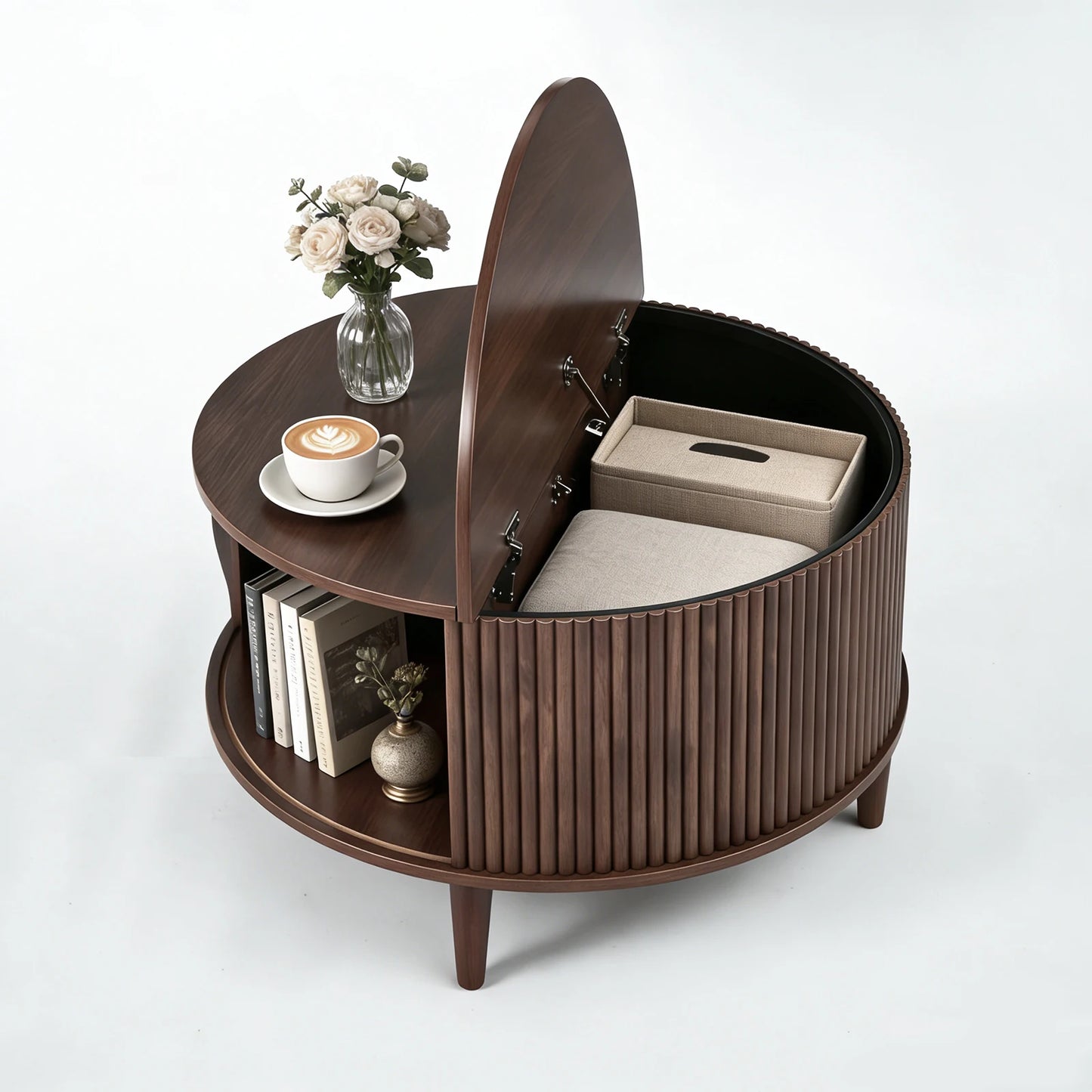 JHK Round Coffee Table With Flip Top Storage And Cabinet
