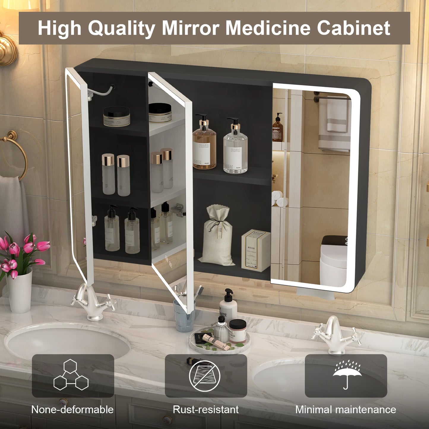 Onesaimei LED Bathroom Medicine Cabinet Mirror With Two Doors