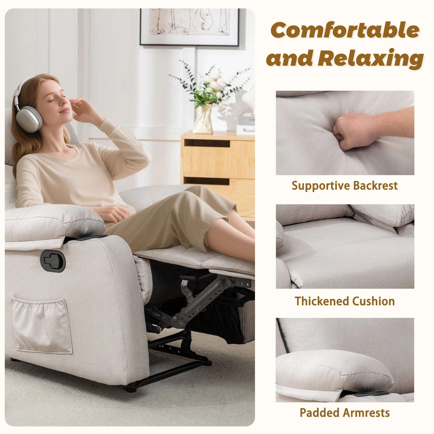 KORSER Small Manual Recliner With Cup Holders And Side Pockets