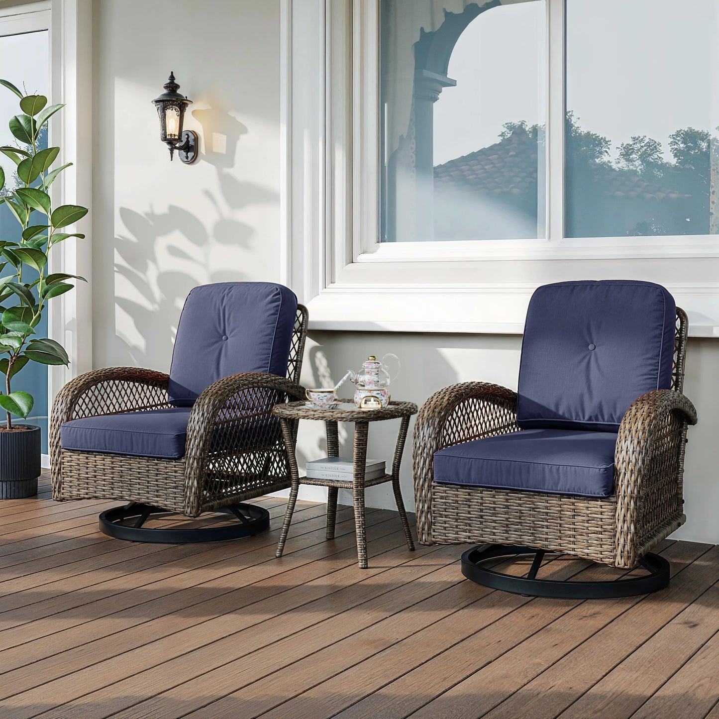 Outdoor 3 Piece Patio Bistro Set With Cushioned Rocking Chairs