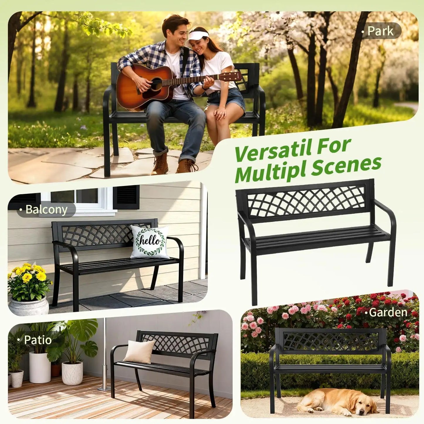 Outdoor Bench With Armrests Cast Iron Steel Frame For Patio