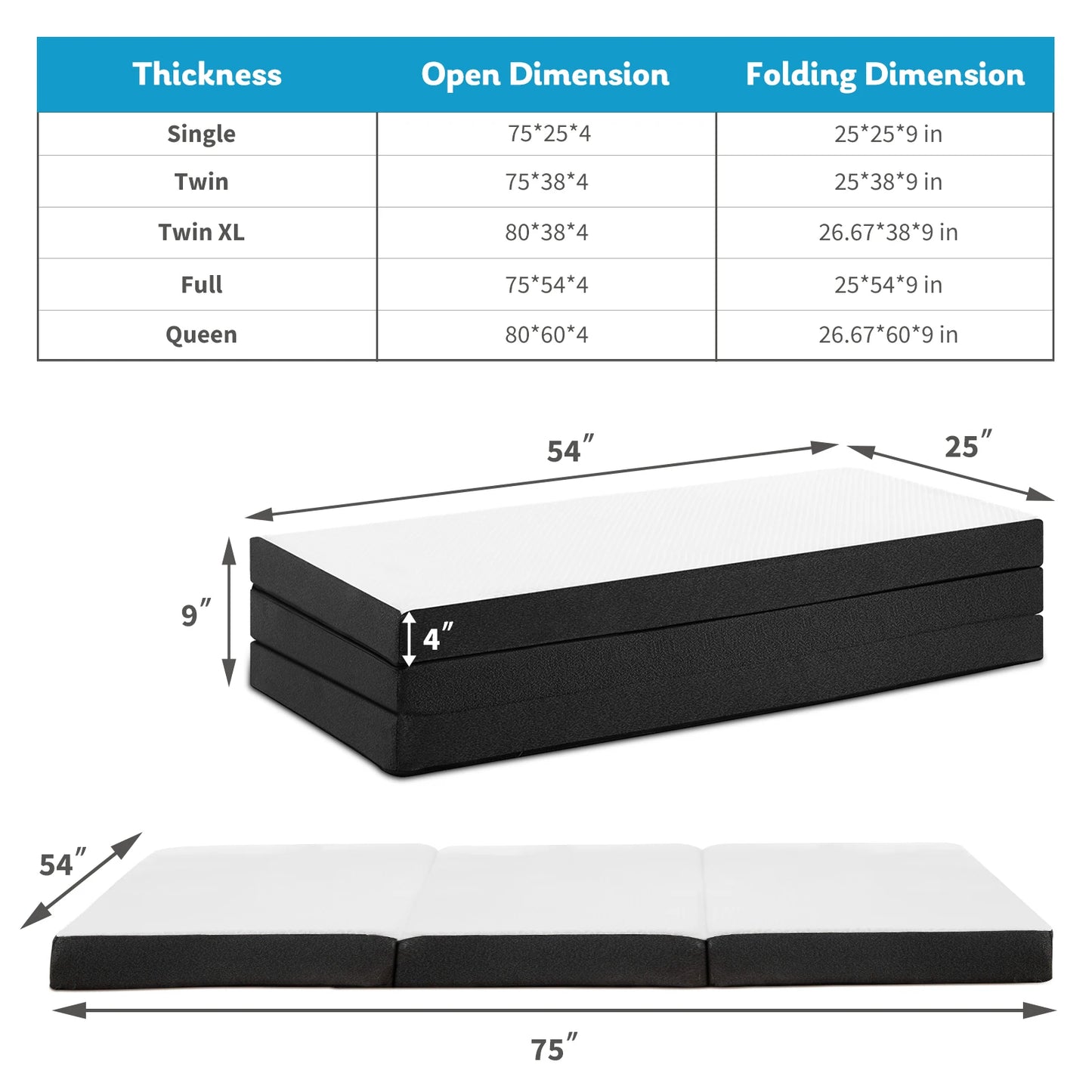 JHK Tri-Fold Memory Foam Mattress With Collapsible Washable Cover Portable Bed