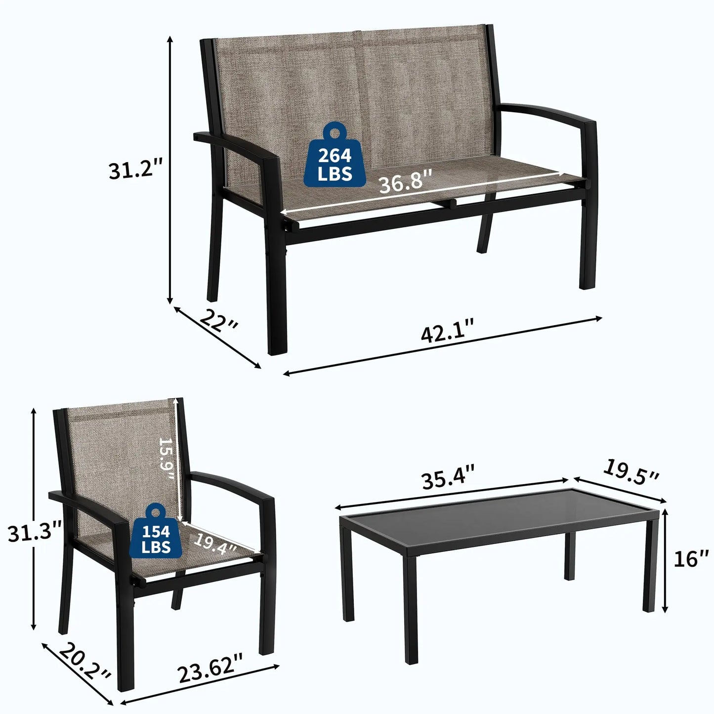 HobbyLane Modern 4 Piece Metal Patio Furniture Set Table Outdoor