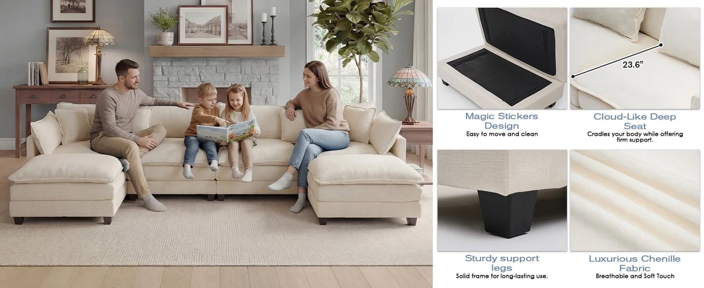 Redlife Modular Sectional Sofa With Ottoman And Solid Wood Frame