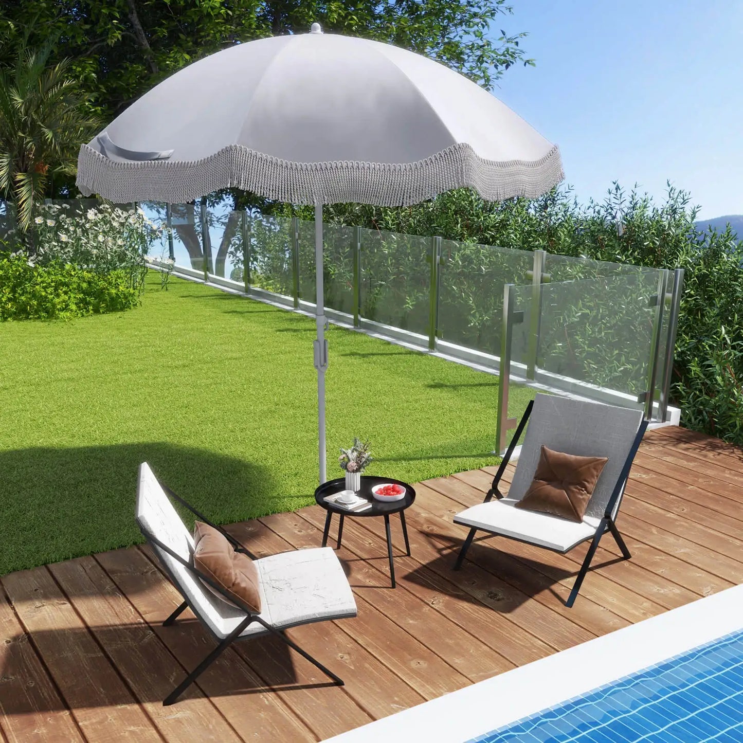 HOMASIS Outdoor Fringe Patio Umbrella With Push Button Tilt