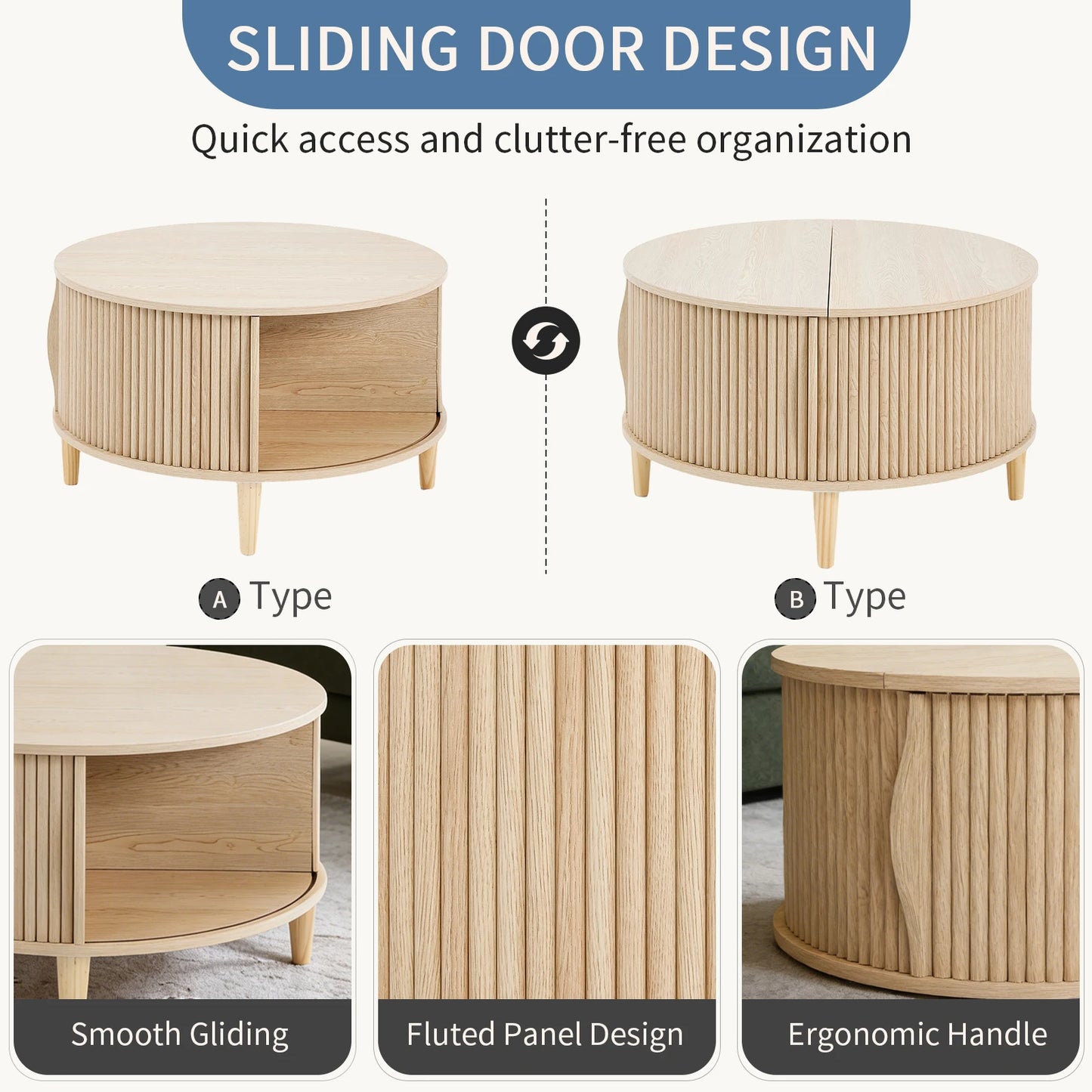 JHK Round Coffee Table With Flip Top Storage And Cabinet