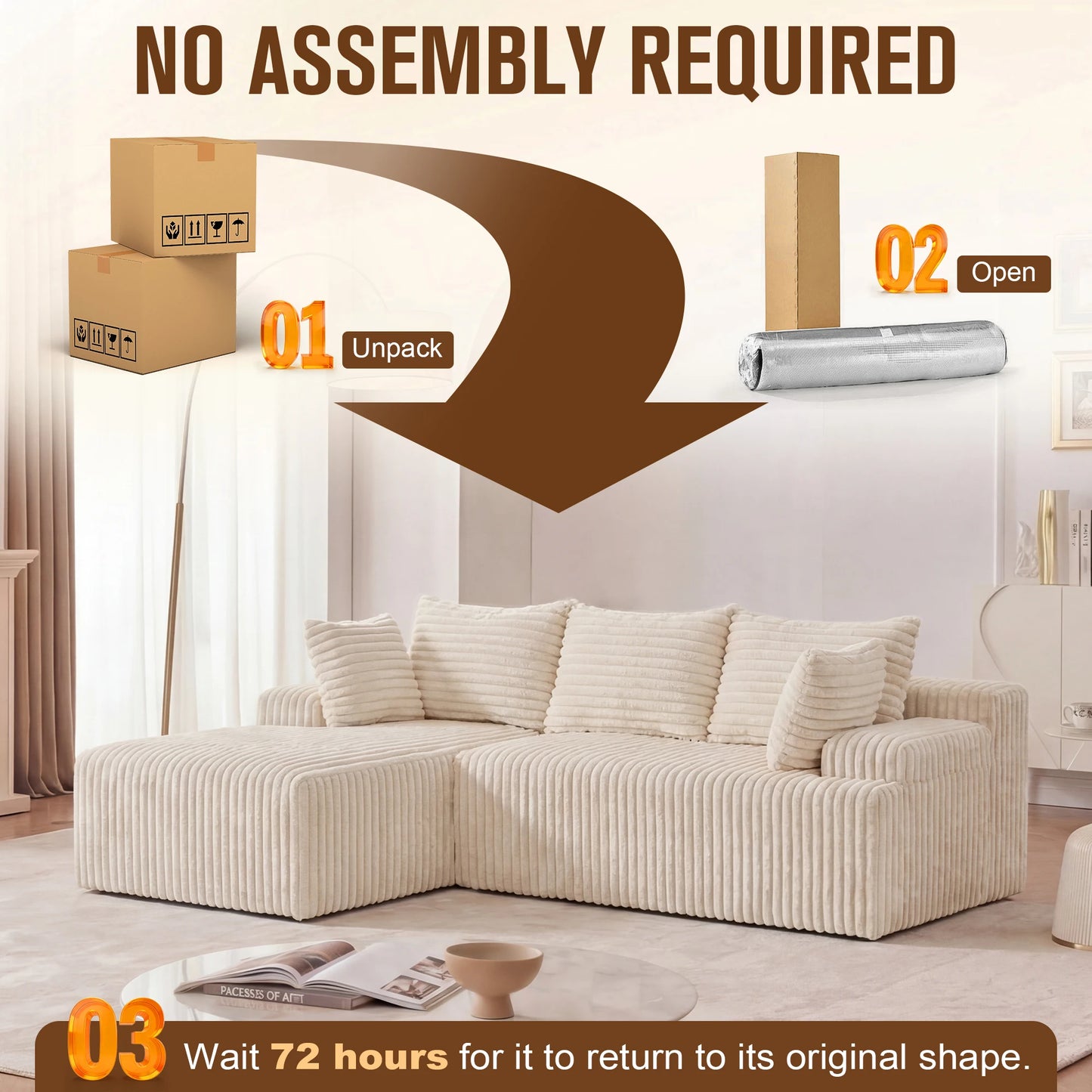 Redlife L Shaped Corduroy Sectional Sofa No Assembly Required