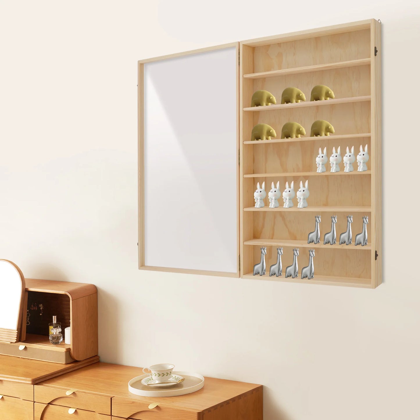 7 Tier Wall Mounted Wooden Display Cabinet With Clear Door