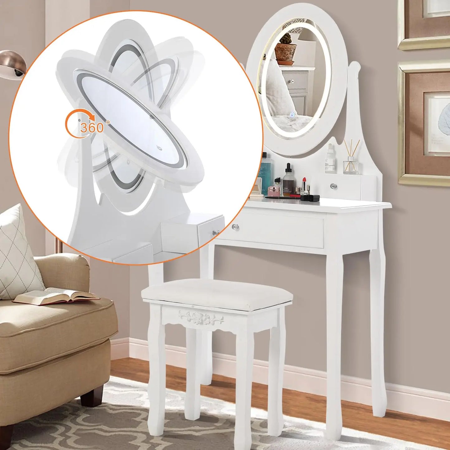 HiMISS Vanity Desk With Mirror And LED Lights Dressing Table