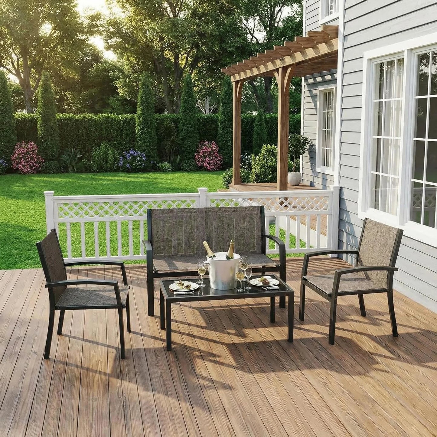 HobbyLane Modern 4 Piece Metal Patio Furniture Set Table Outdoor