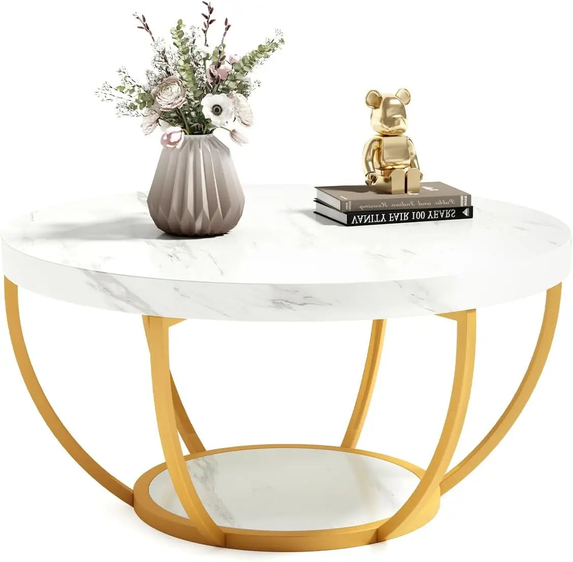 Little Tree Circle Marble Coffee Table With Two-Tier Open Storage