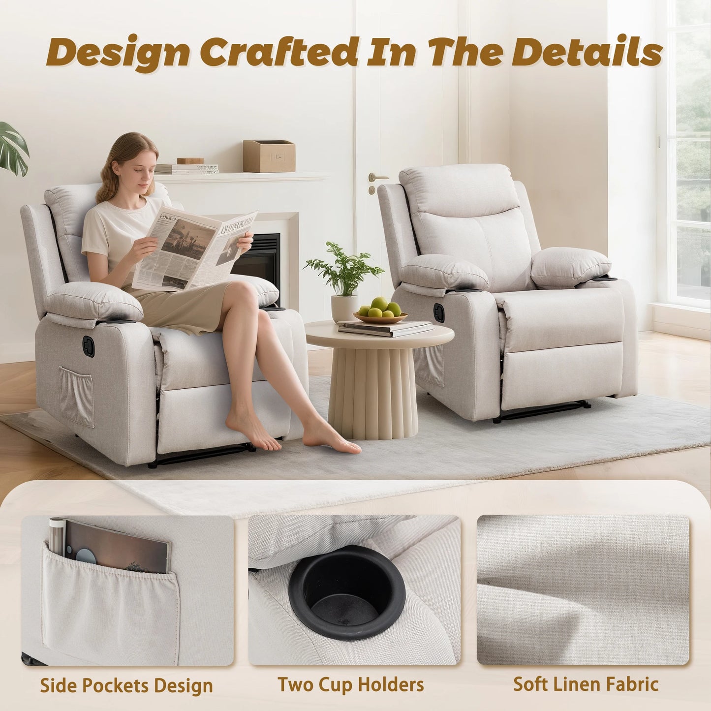 KORSER Small Manual Recliner With Cup Holders And Side Pockets