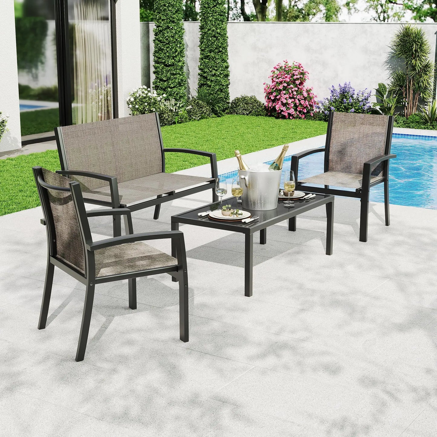 HobbyLane Modern 4 Piece Metal Patio Furniture Set Table Outdoor