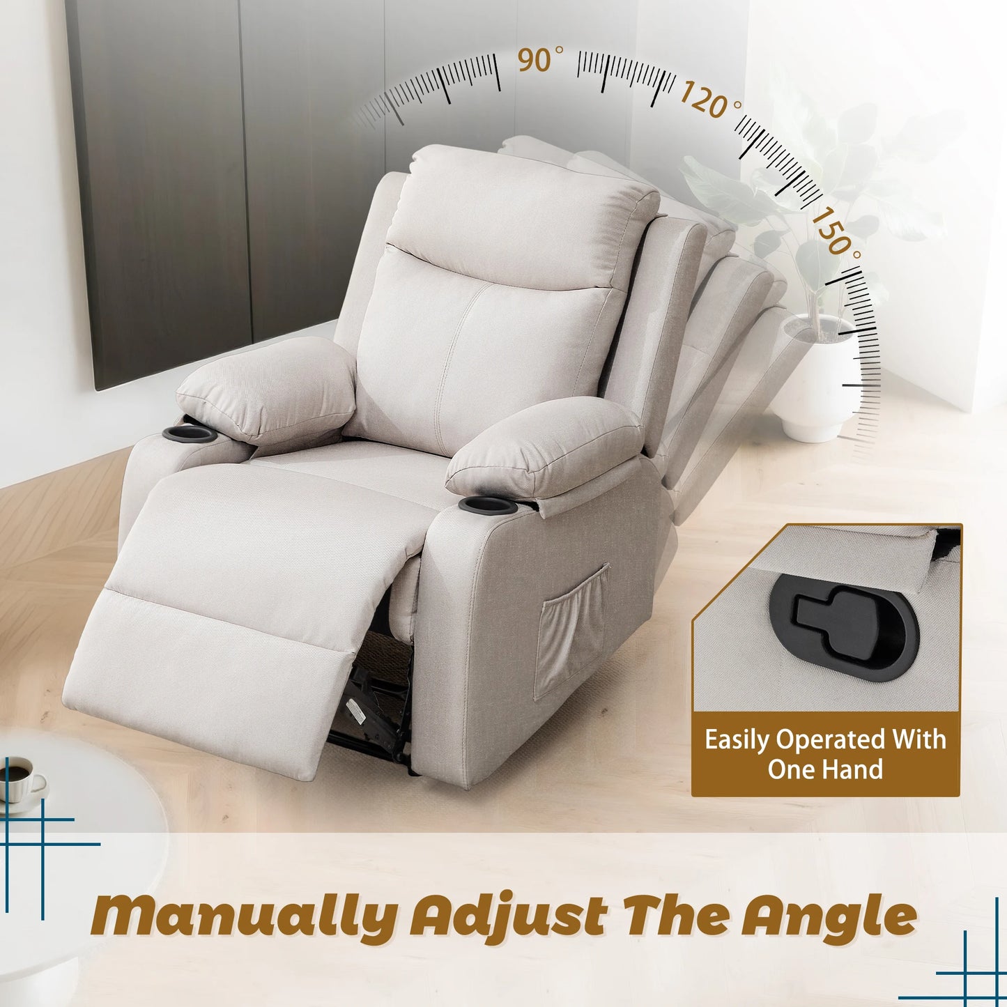KORSER Small Manual Recliner With Cup Holders And Side Pockets