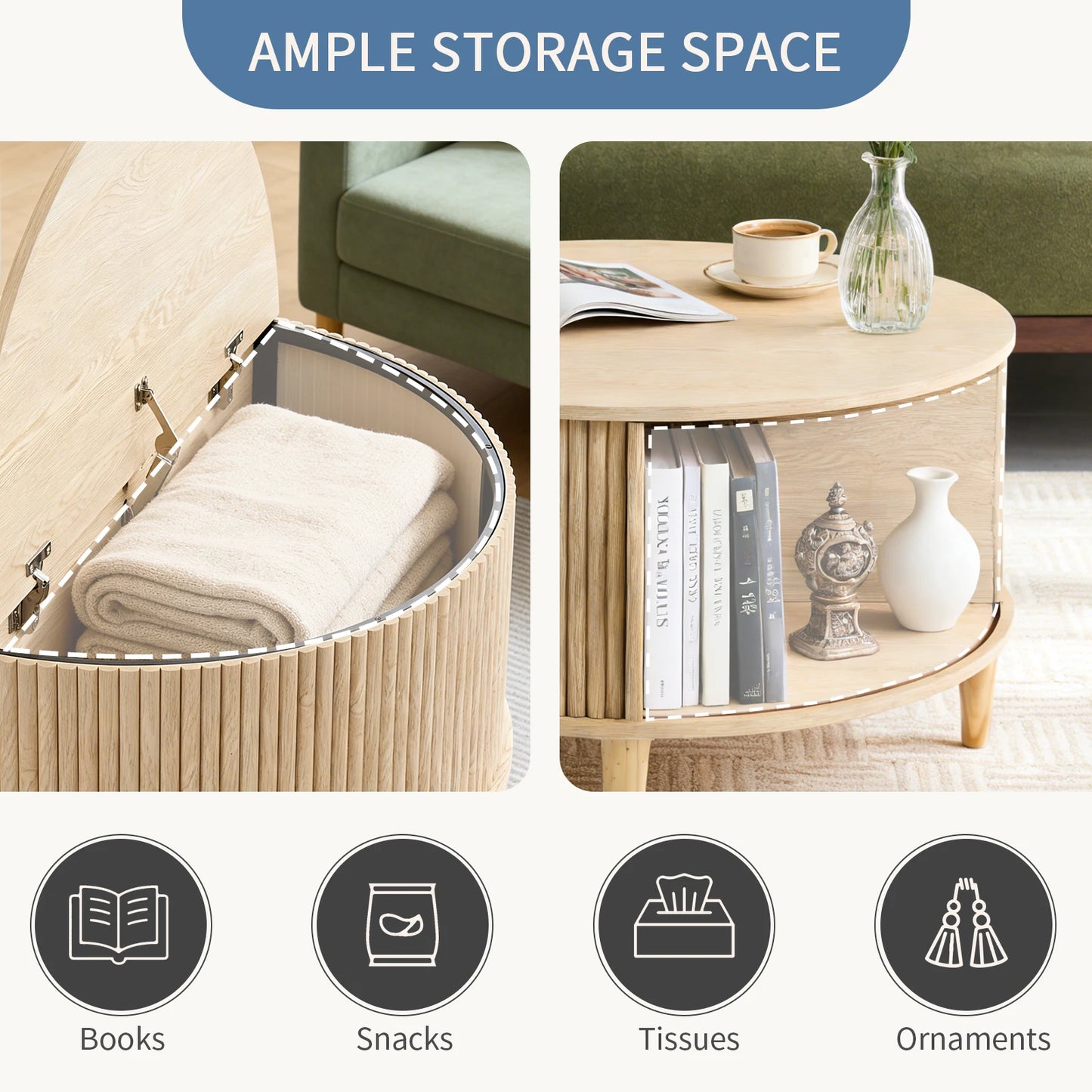 JHK Round Coffee Table With Flip Top Storage And Cabinet