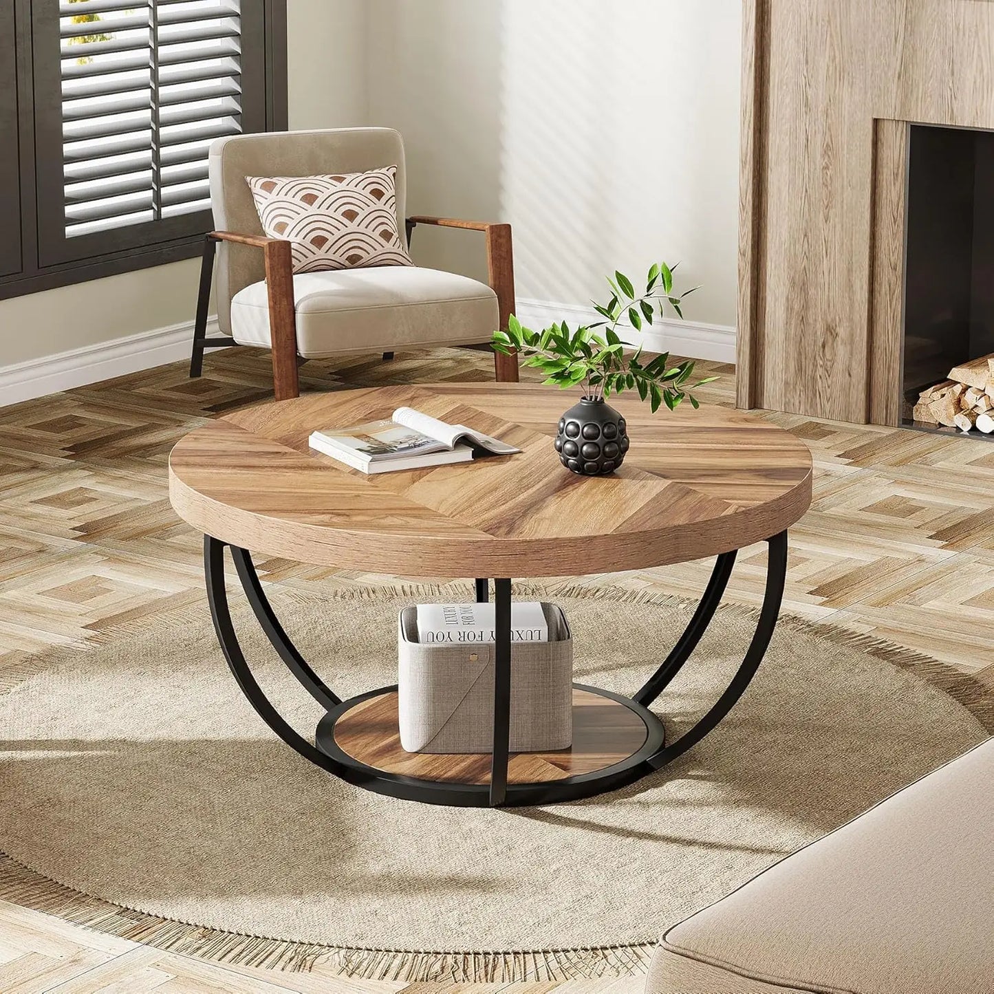 Little Tree Circle Marble Coffee Table With Two-Tier Open Storage