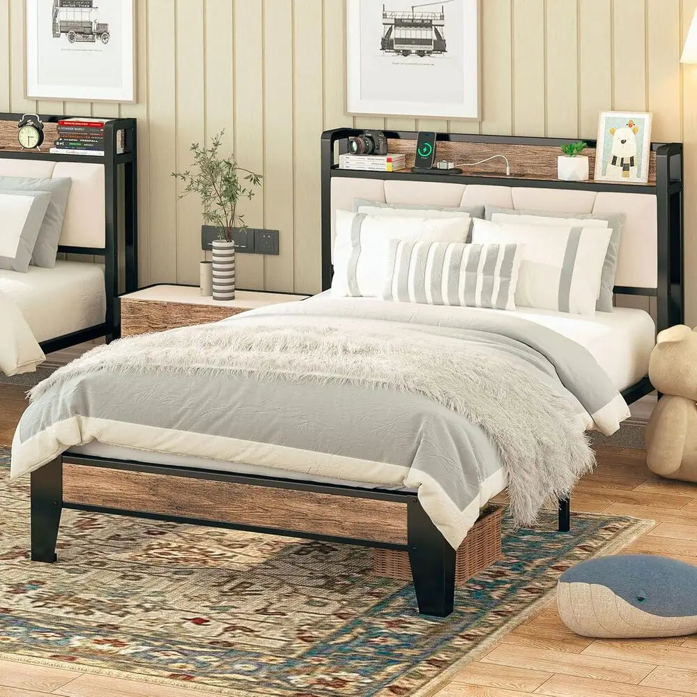 LIKIMIO Bed Frames With Storage Headboard And Charging Station