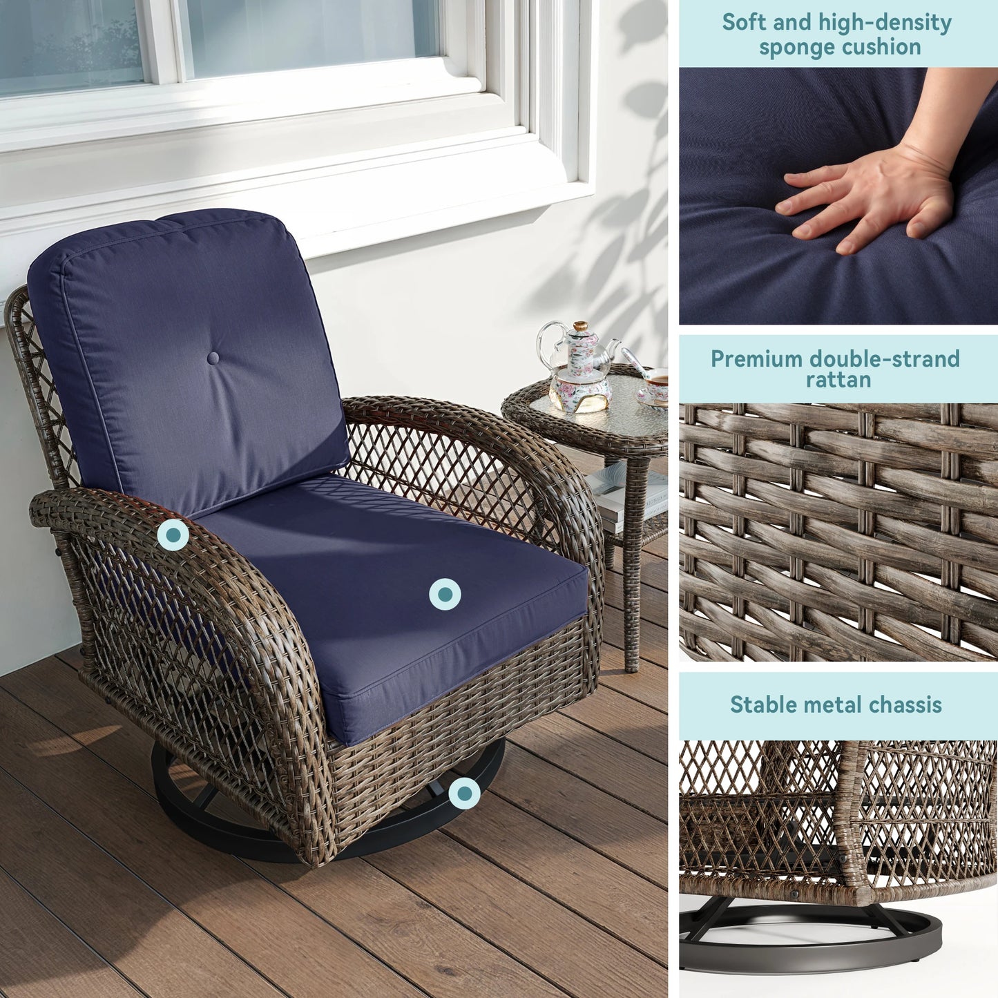 Outdoor 3 Piece Patio Bistro Set With Cushioned Rocking Chairs