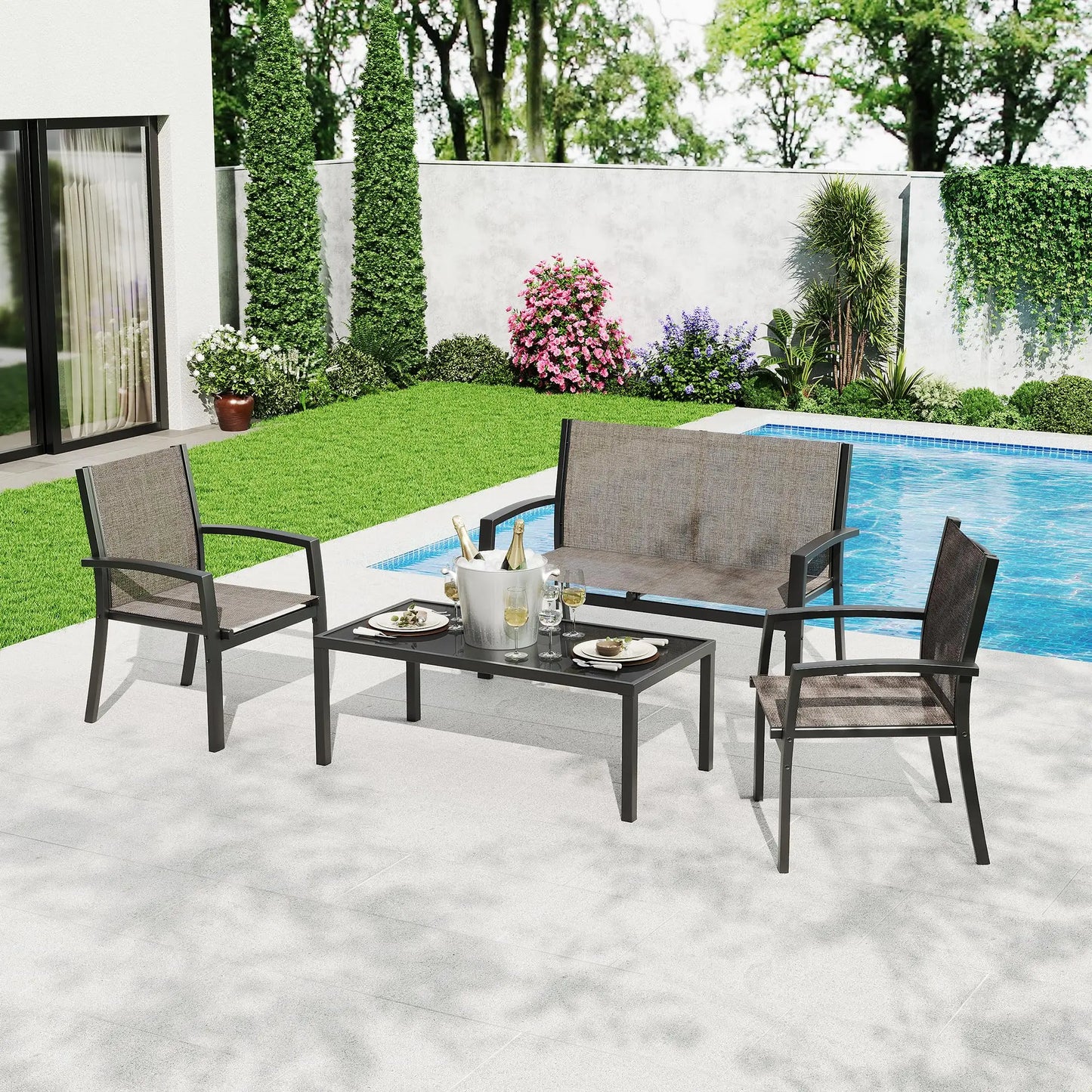 HobbyLane Modern 4 Piece Metal Patio Furniture Set Table Outdoor