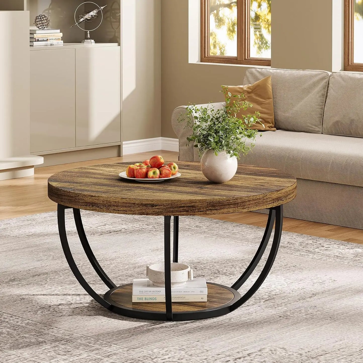 Little Tree Circle Marble Coffee Table With Two-Tier Open Storage
