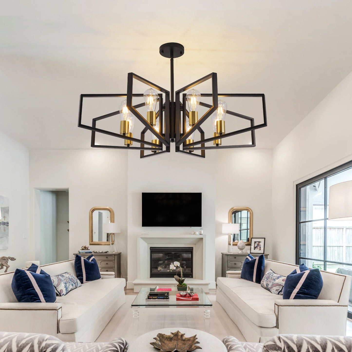Modern 8 Light Geometric Chandelier Adjustable Height Metal Pendant