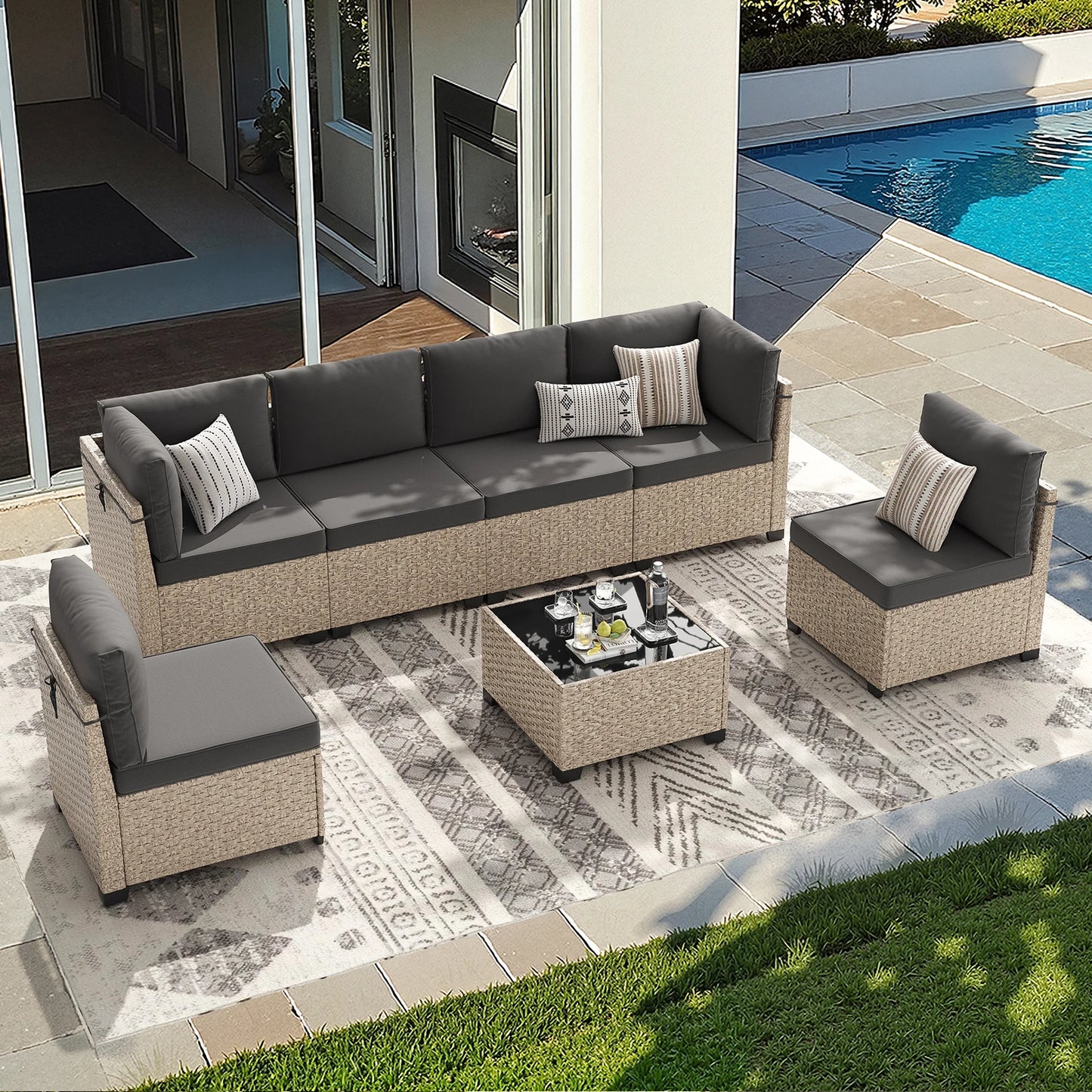 Outdoor 7-Piece Rattan Patio Furniture Set With Tempered Glass Table