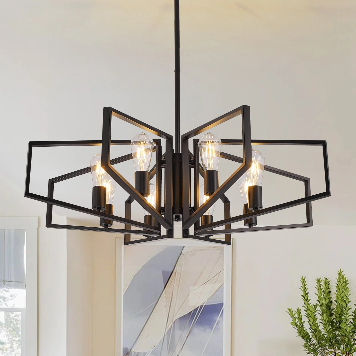 Modern 8 Light Geometric Chandelier Adjustable Height Metal Pendant