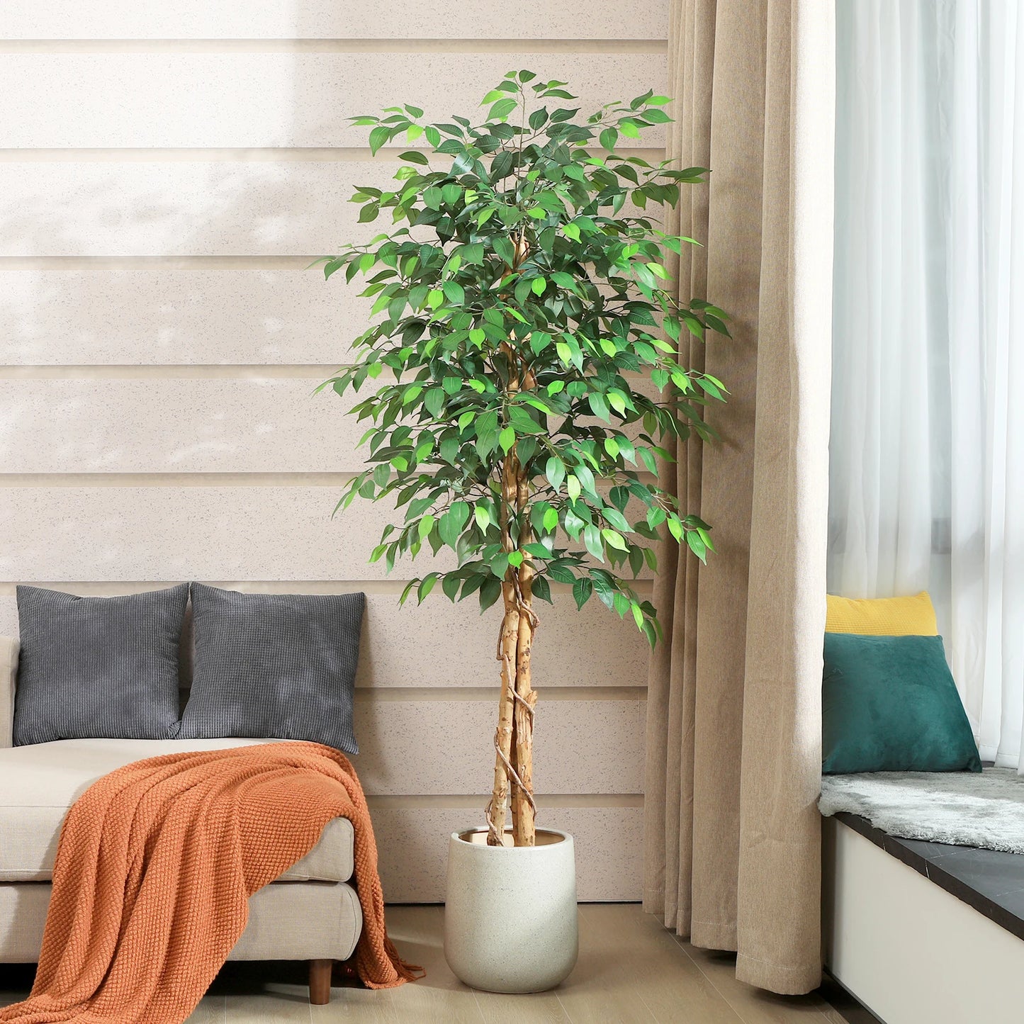 KAZEILA Artificial Ficus Tree With Natural Curved Trunk In Plastic Nursery Pot