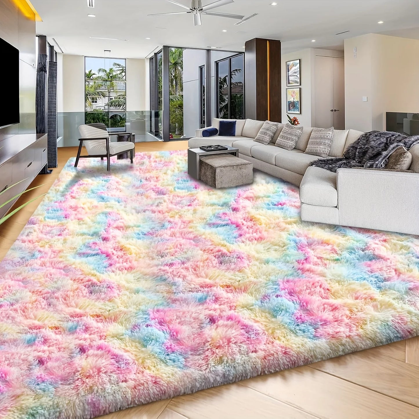 Luxurious Large Washable Shag Rug For Living Room TieDye Plush