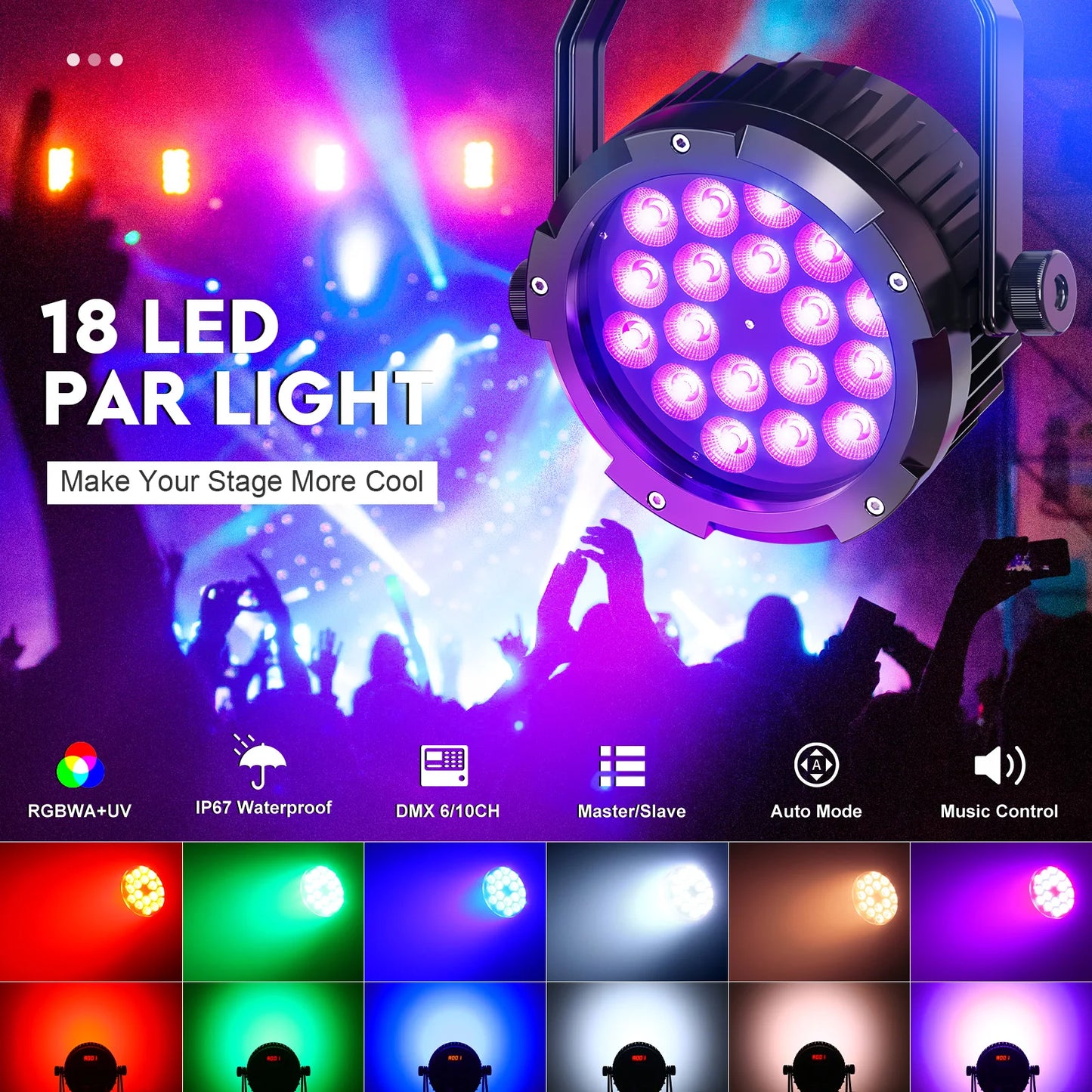 Rudderstar Waterproof 18LED Par Light RGBWA UV Stage Effect Projector