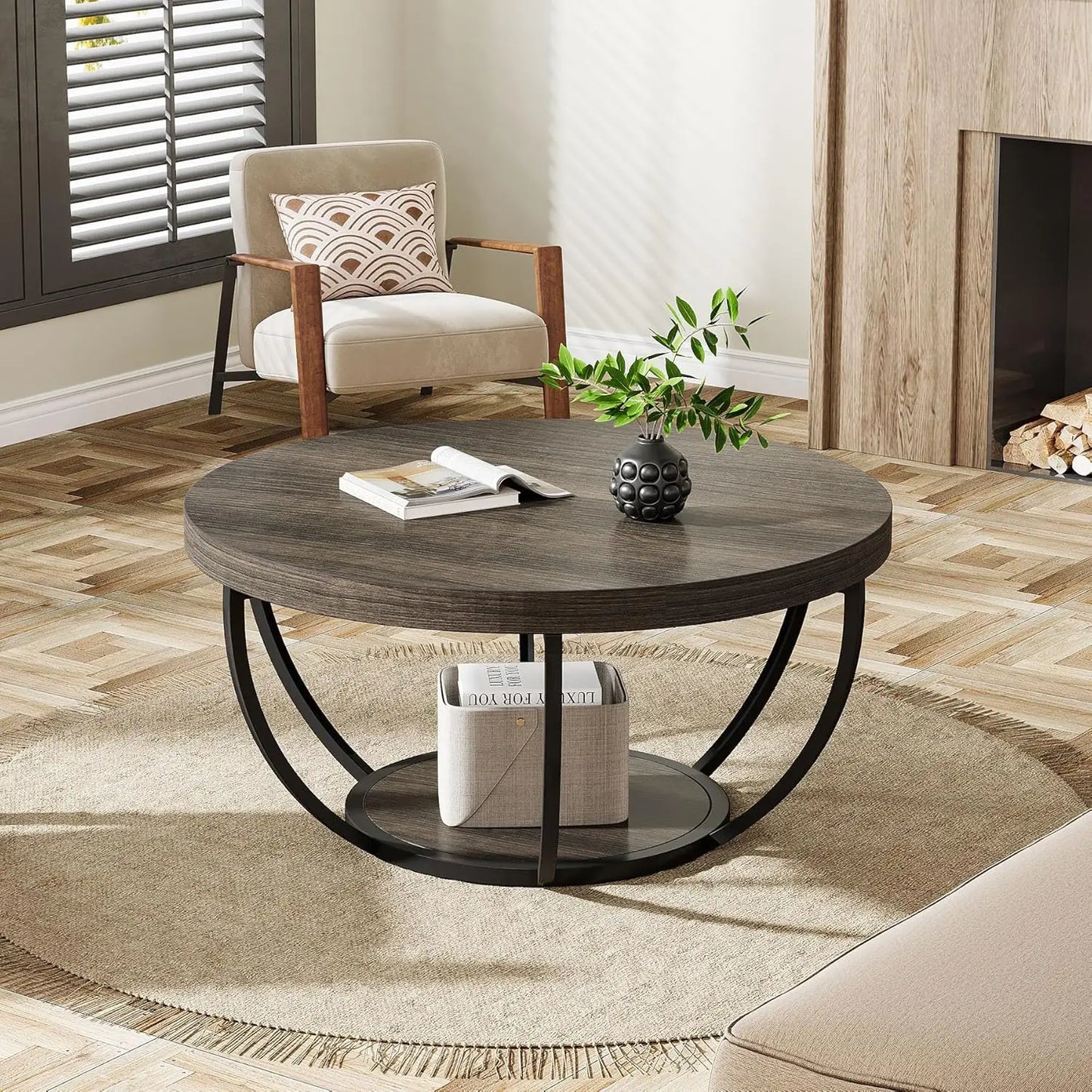 Little Tree Circle Marble Coffee Table With Two-Tier Open Storage