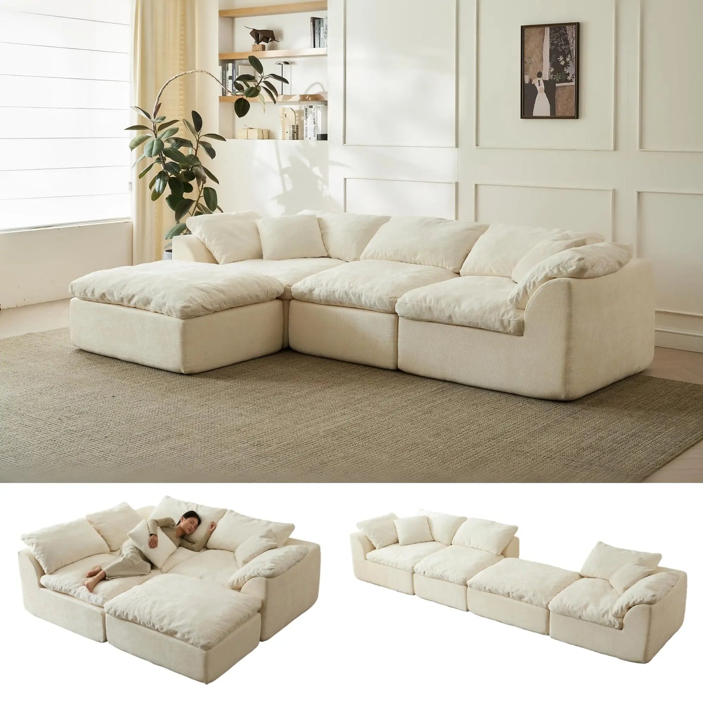 Yeflixvrau Modern Cloud L Shaped Chenille Fabric Sofa Sectional Ottoman